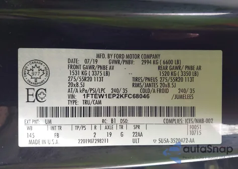 2019 Ford F-150 Xlt из США, поврежденный, VIN 1FTEW1EP2KFC68046